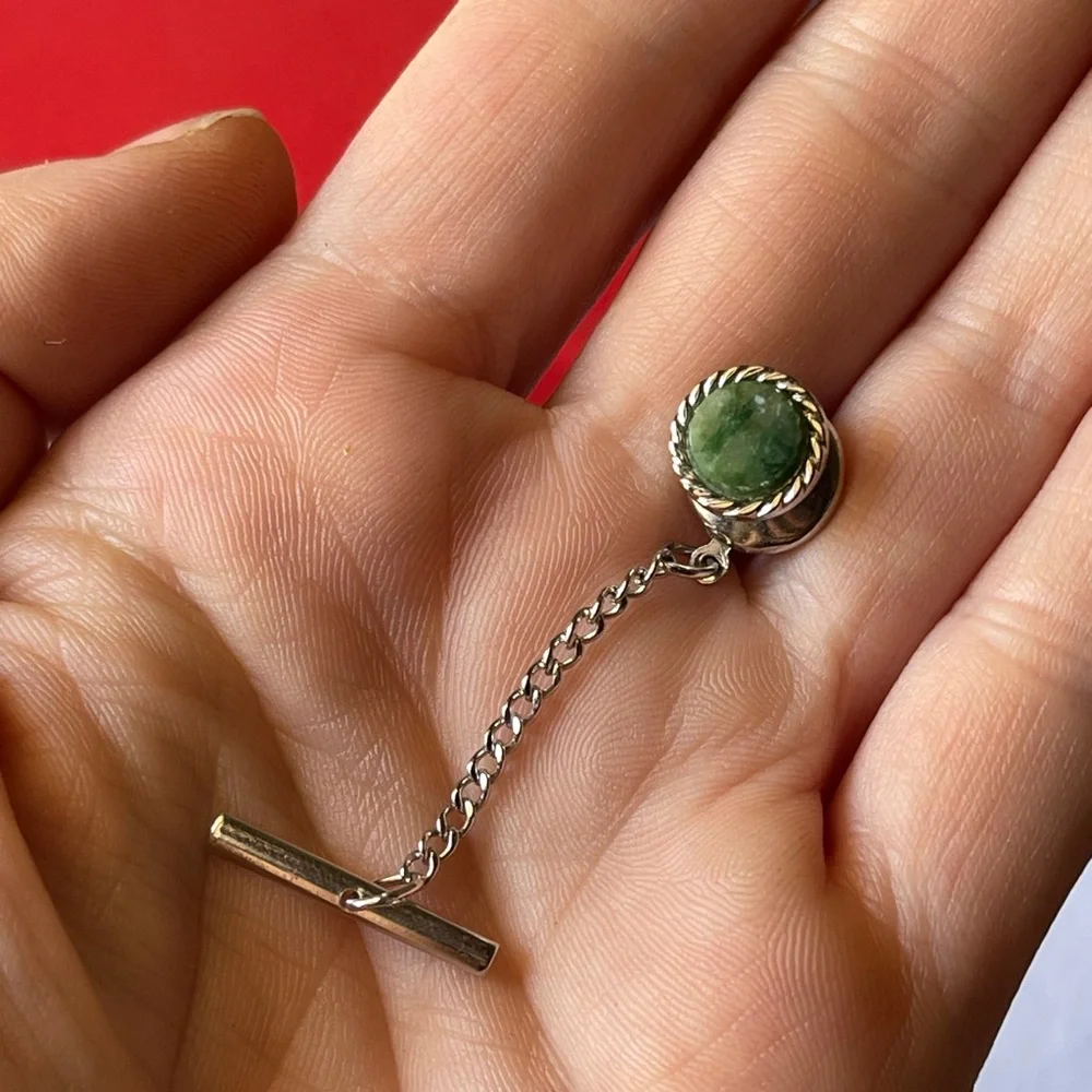 Vintage Sterling Silver Tie-Tack with Jade Stone